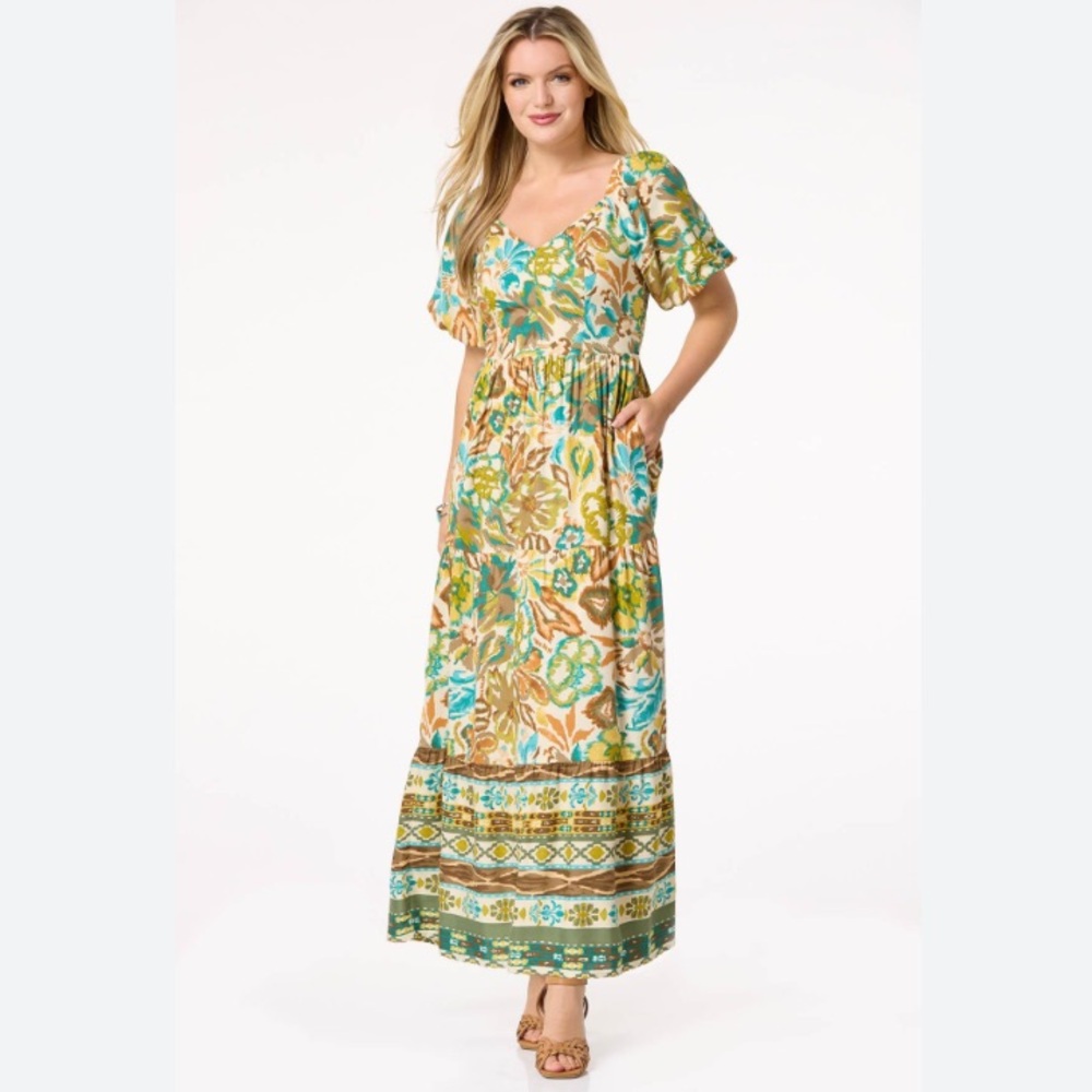 Cato Vibrant Floral Maxi Dress - Green and Cream